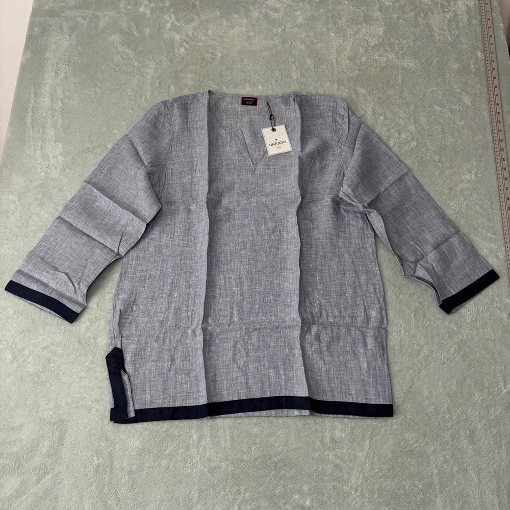 UNTUCKit Light Gray Linen-Blend Open Cardigan with Navy Trim